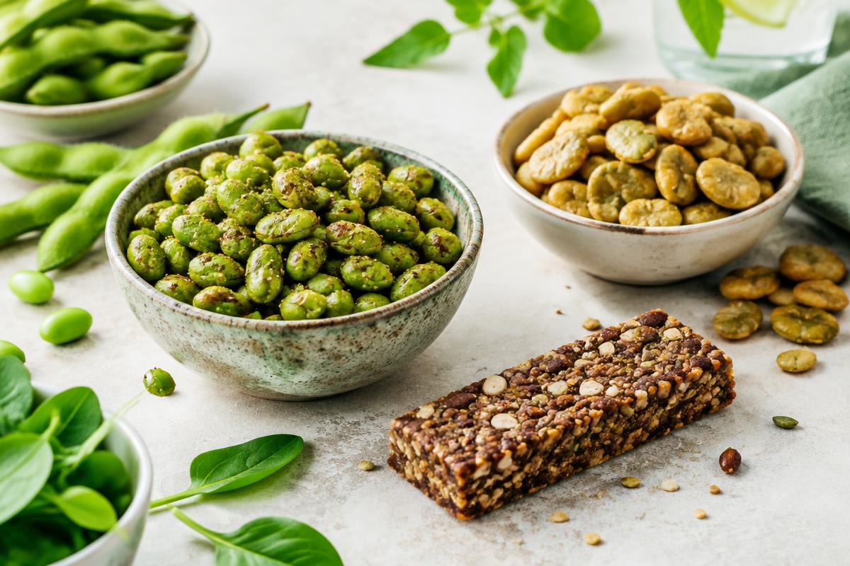 Vegan high protein snacks including edamame, bean crisps and a plant protein bar