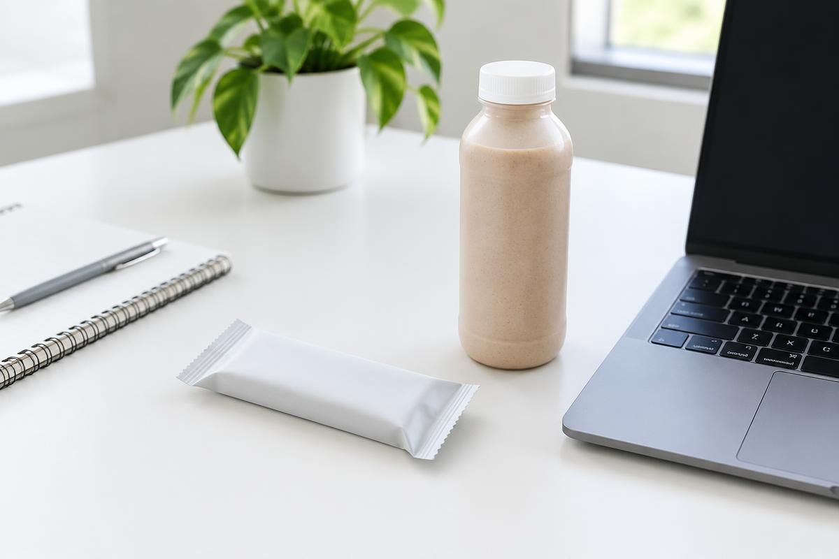 Protein bars and a protein shake on a tidy office desk