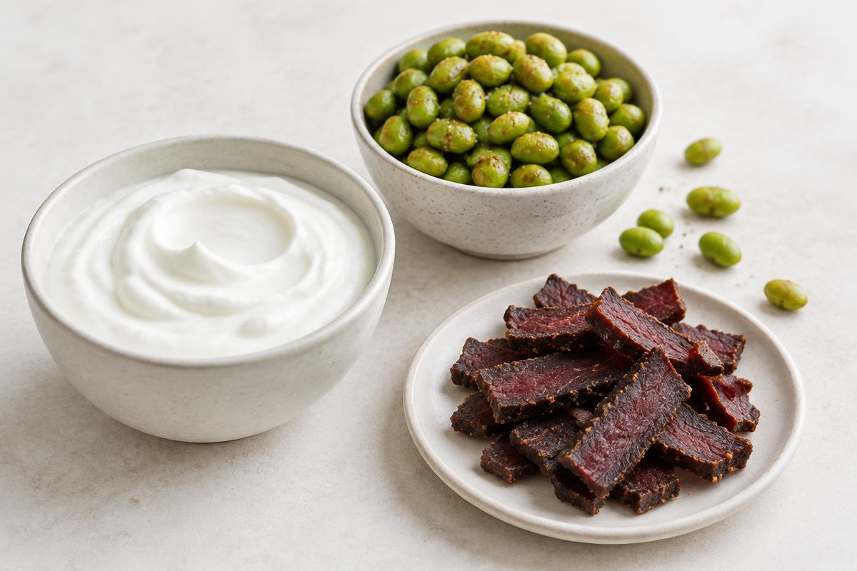 Low calorie high protein snacks including yogurt, edamame and biltong