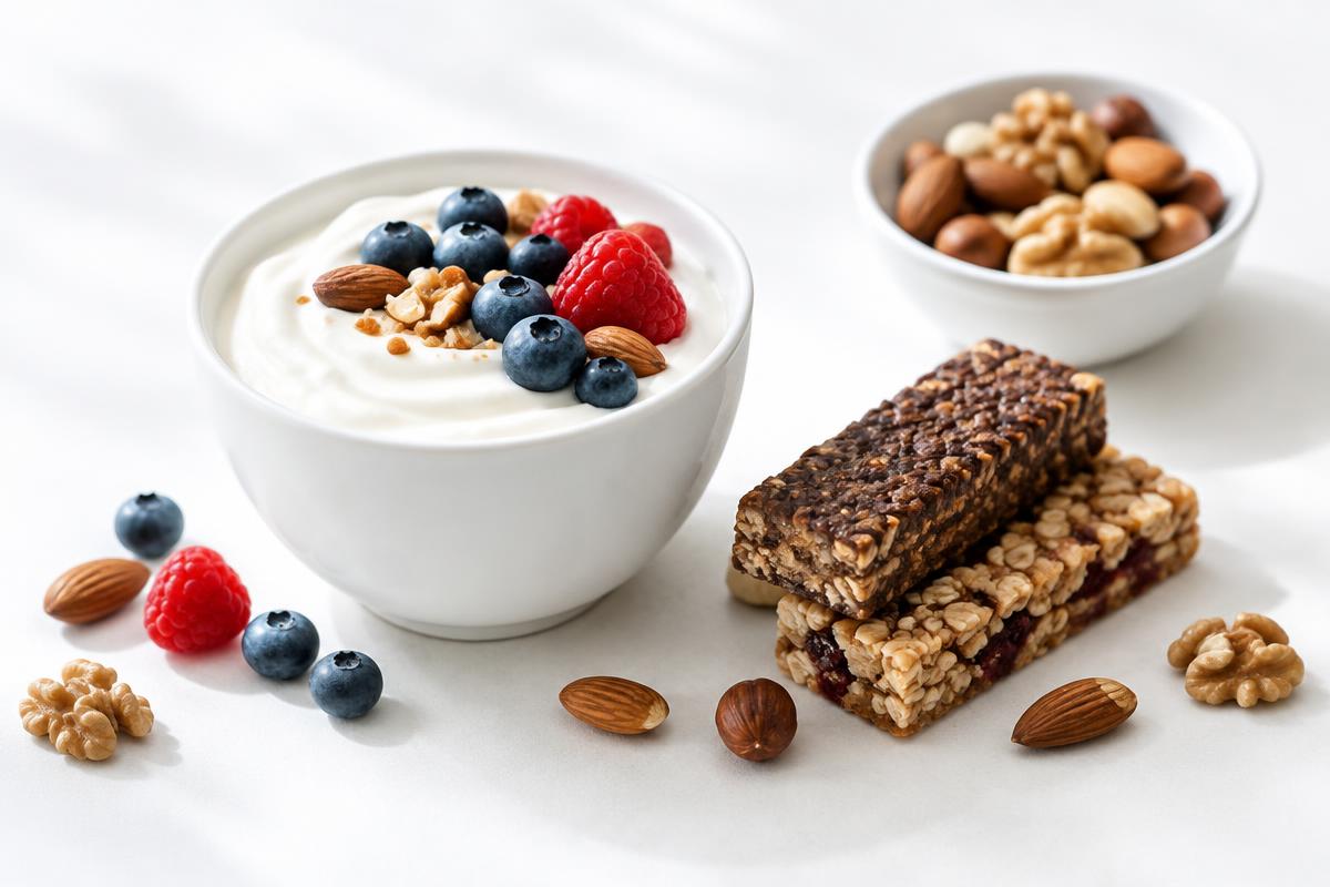 Greek yogurt, protein bars and nuts arranged on a light surface
