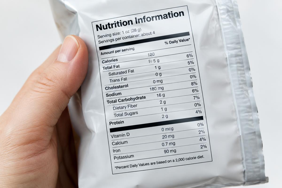 Close-up of a nutrition information panel on a snack package
